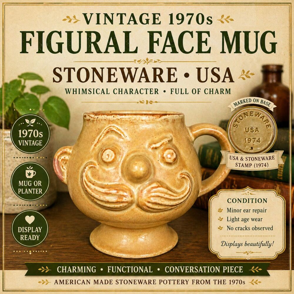 Vintage Pacific Stoneware Mustache Mug 1974 USA Figural Face Mug